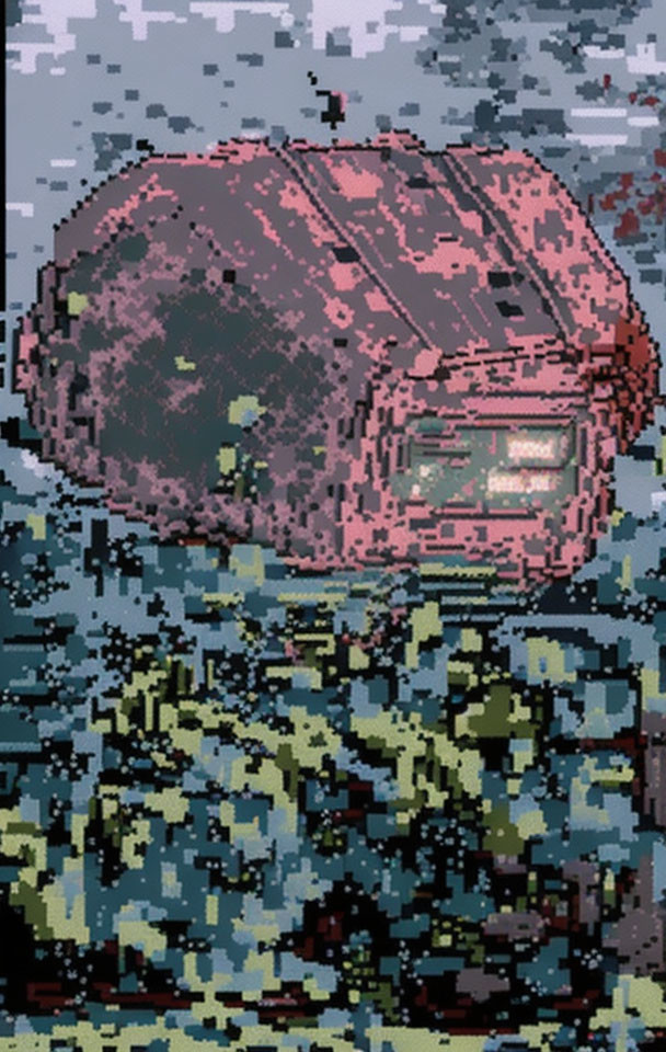 Red car with headlights on in flooded area, pixelated image.