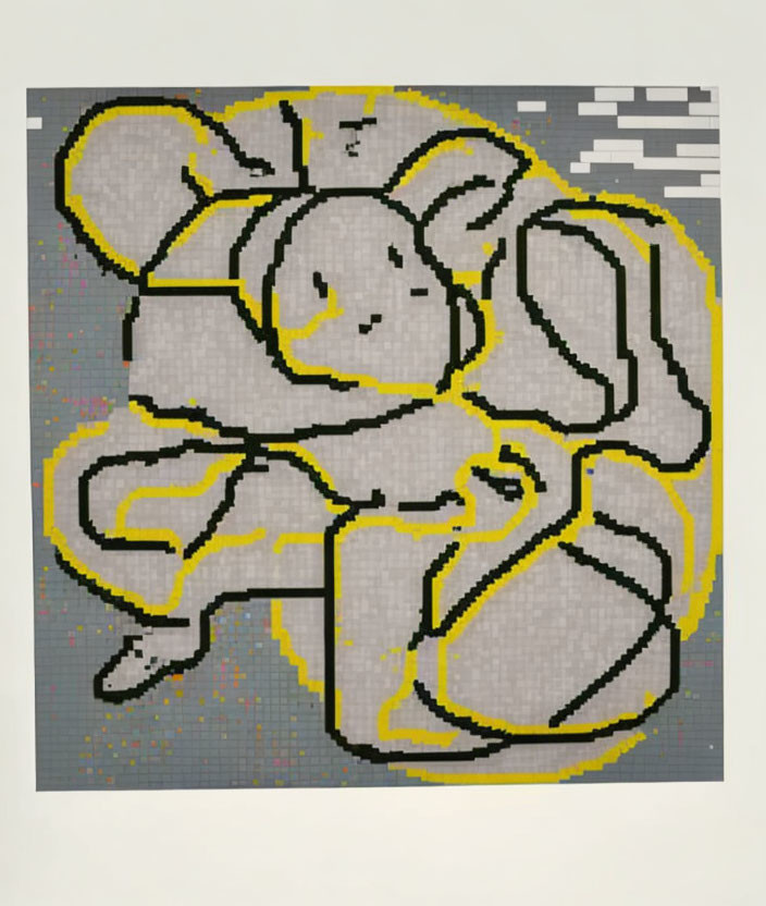 Abstract pixelated image with yellow outlined blob on grayscale background