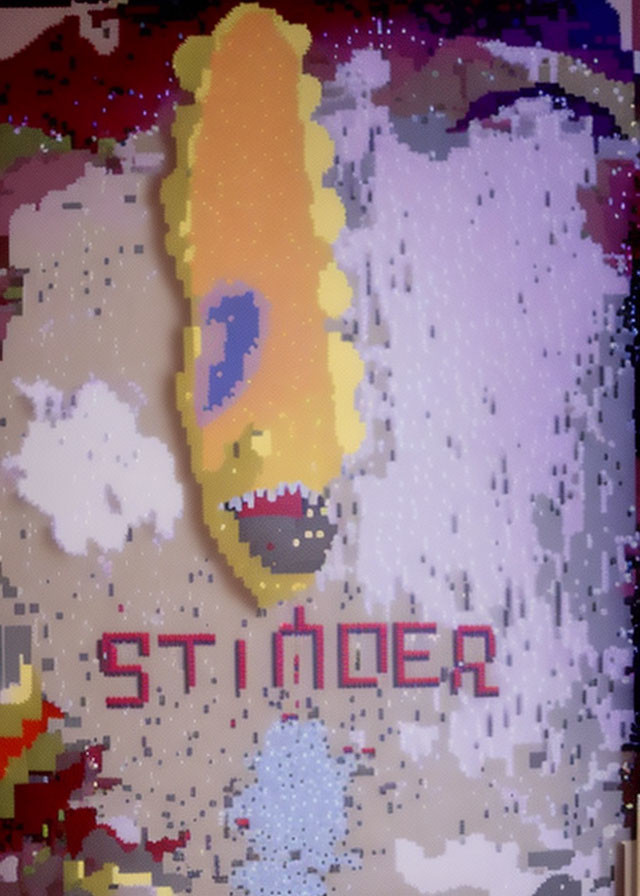 Abstract Surfboard Design with Pixelated "STINGER" Text in Red