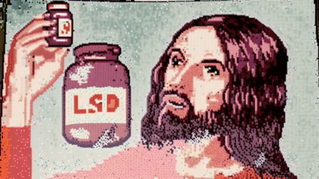 Pixelated artwork of figure with jar labeled "LSD