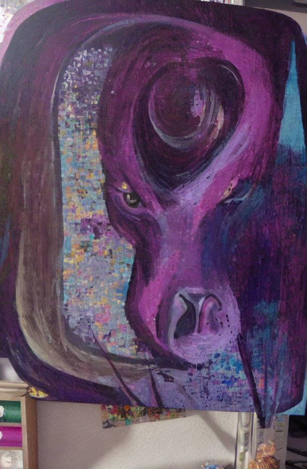 Purple-toned creature with eye and snout in abstract painting against colorful backdrop