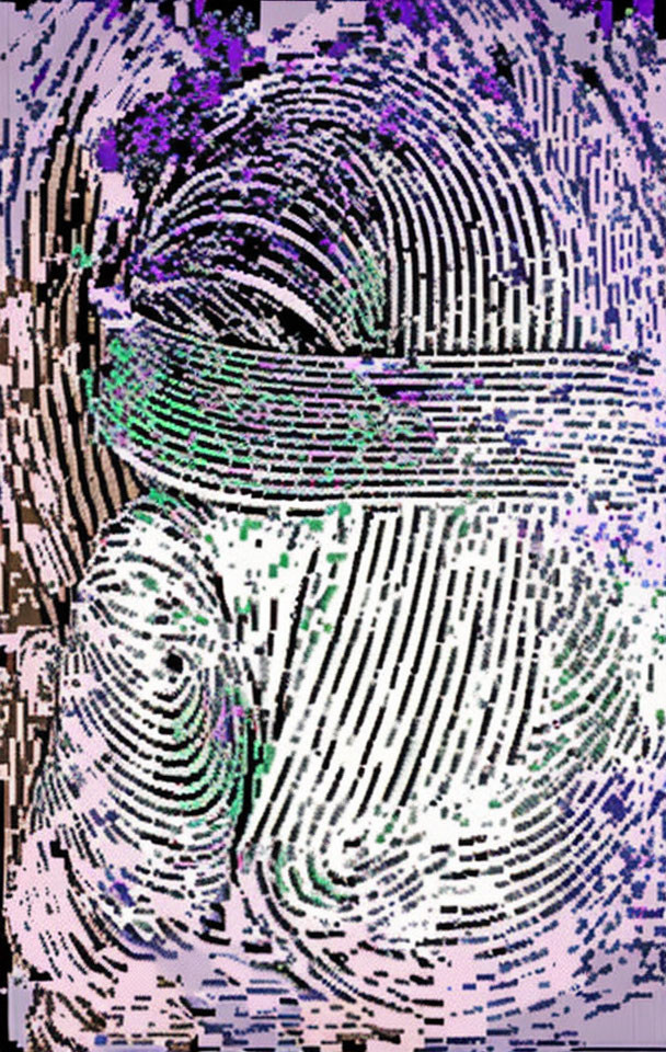 Distorted glitch art: purple, green, white lines