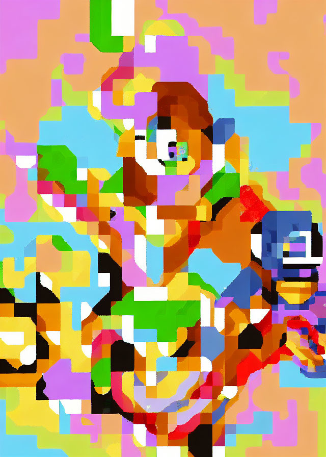 Colorful Abstract Pixelated Artwork with Central Figure and Geometric Shapes