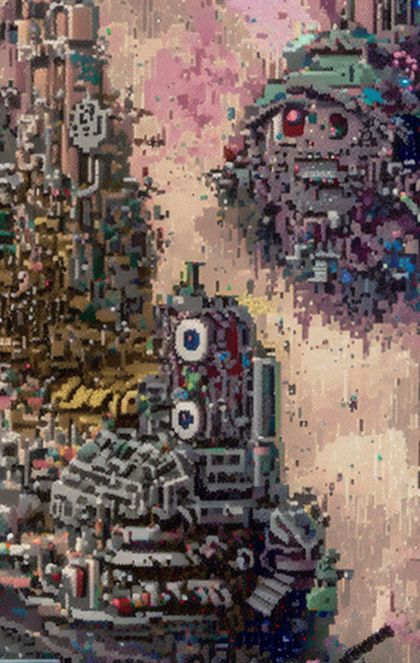 Futuristic pixel art cityscape with colorful sky