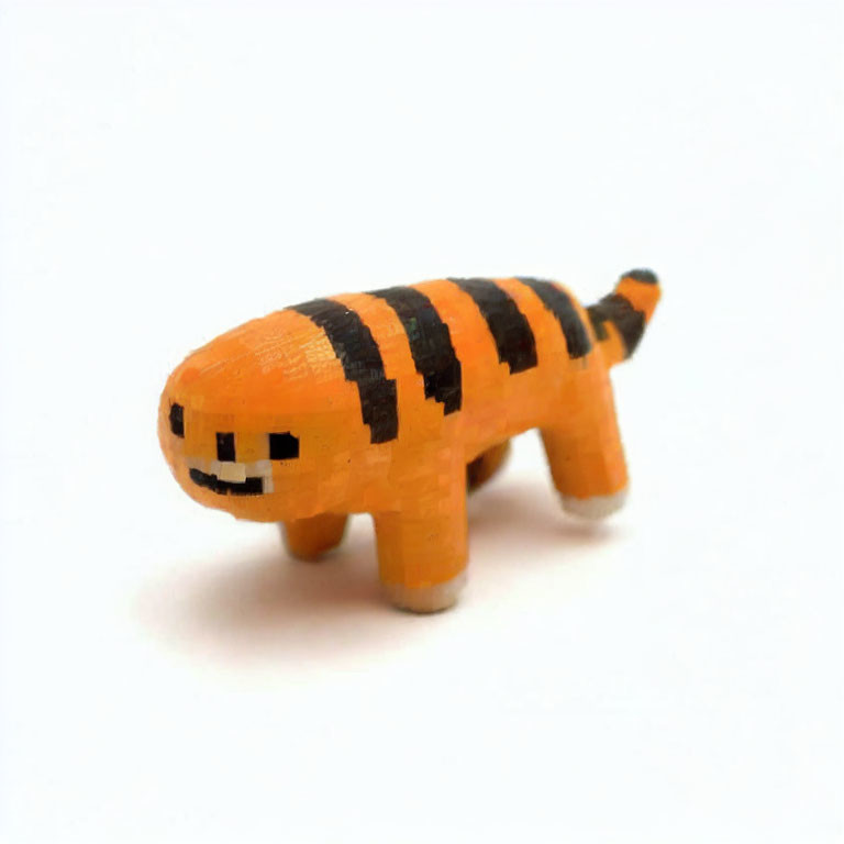 Cartoonish tiger figurine with orange stripes on white background