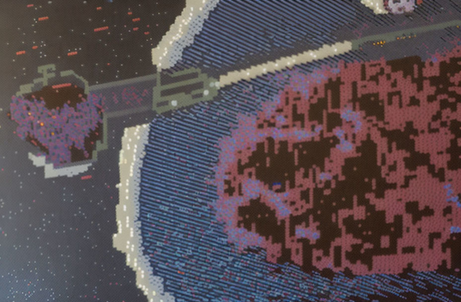 Pixelated spaceship approaching pink and blue planet with stars in background