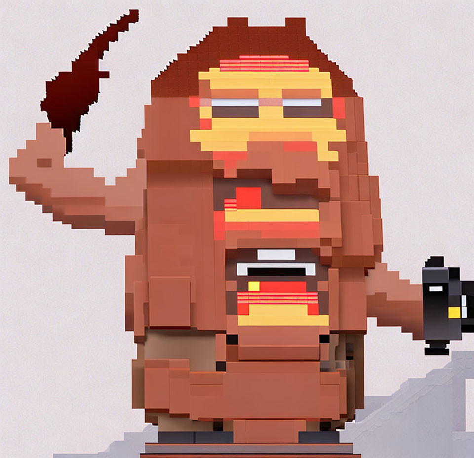 Pixelated Ape-Like Figure with Red Eyes Holding Banana and Spray Paint Can