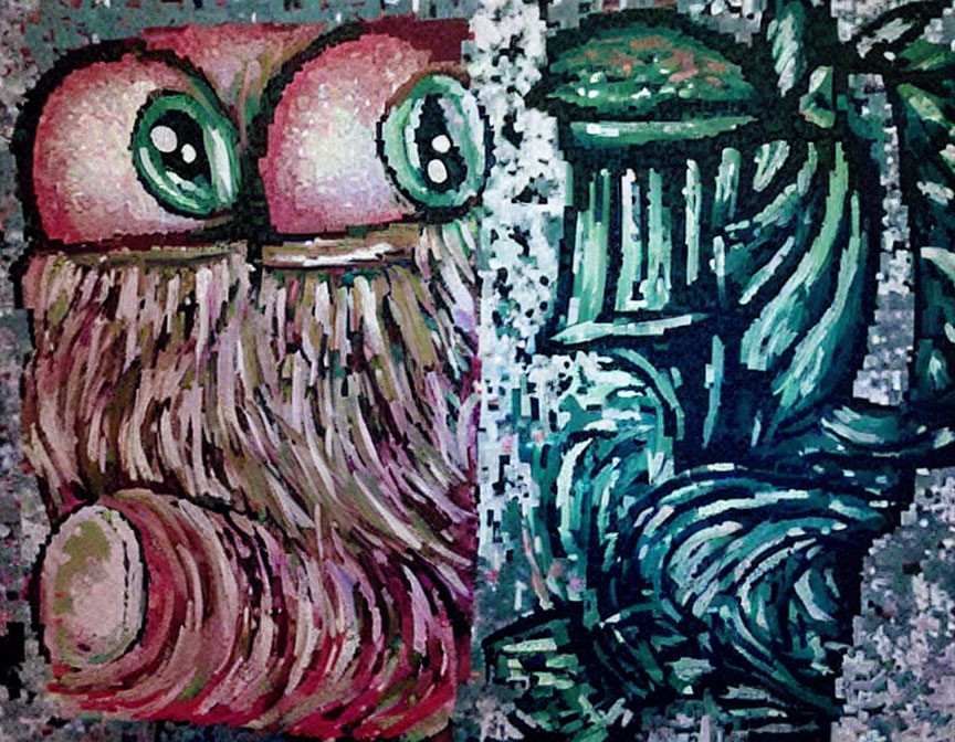 Colorful abstract art: Two faces with bold eyes and textured beard, in vibrant mosaic.