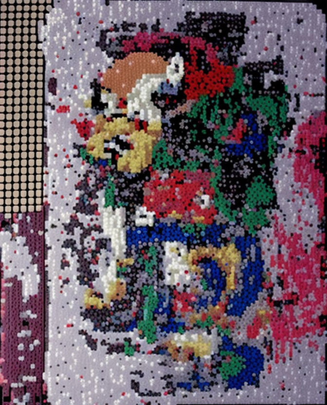 Abstract pixelated painting with red, green, blue, and yellow colors on dark background