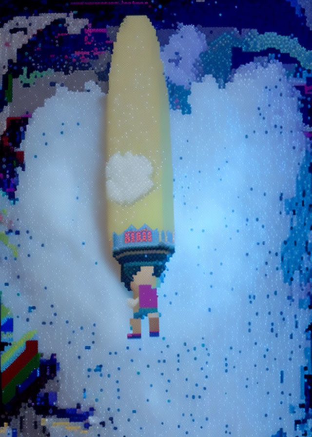 Stylized pixelated rocket art with multicolored trail on glitchy blue background