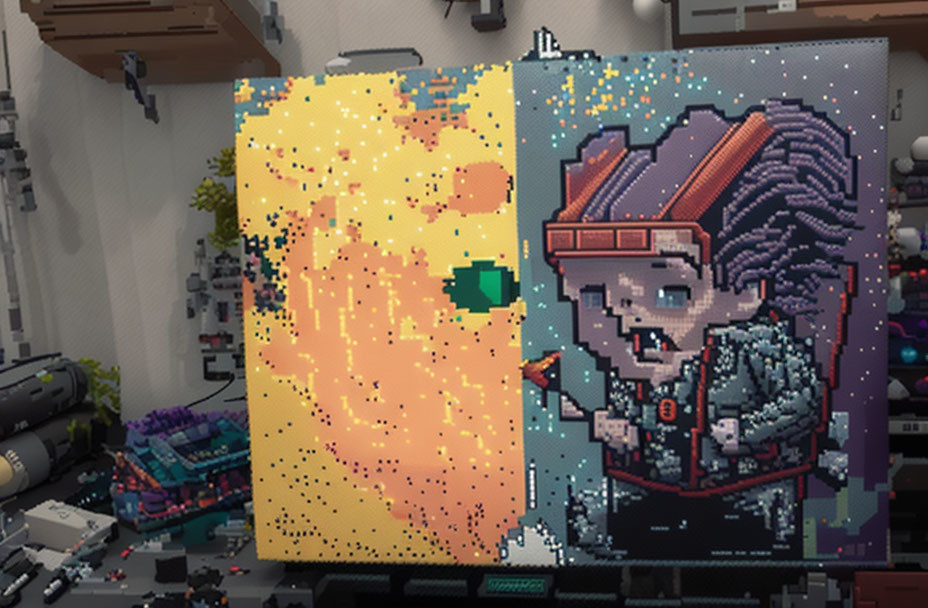 Pixel Art Mural of Character with Red Cap and Spray Can in Urban Diorama