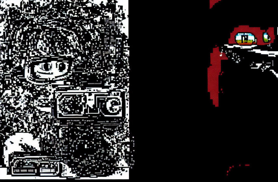 Pixelated Two-Tone Image: Face, Camera, Red Eye Shape