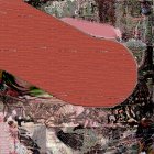 Large red track in textured multicolored terrain with digital distortions.