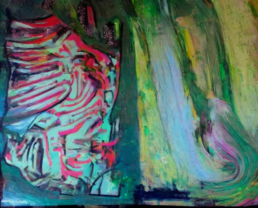 Vivid pink, green, and blue swirls in abstract painting with textured strokes and hint of a