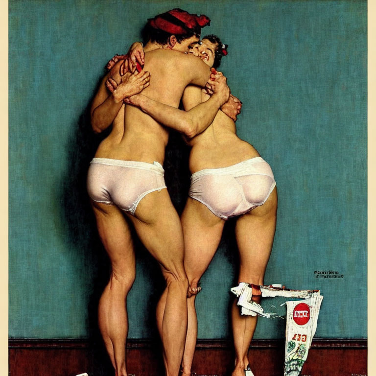 Two individuals hugging in white underwear and red headgear on torn magazine page