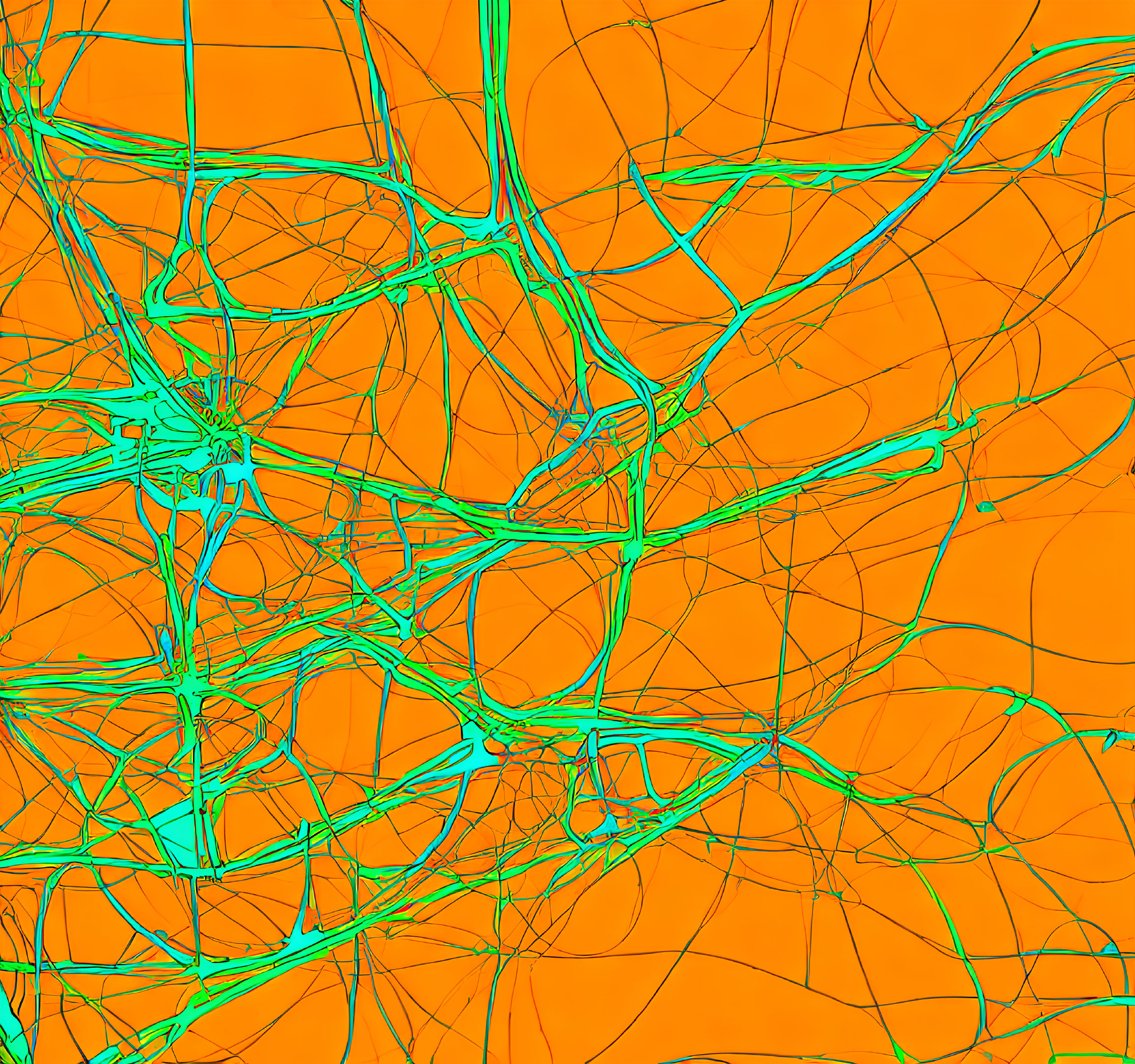 Turquoise Lines on Orange Background: Abstract Chaotic Network