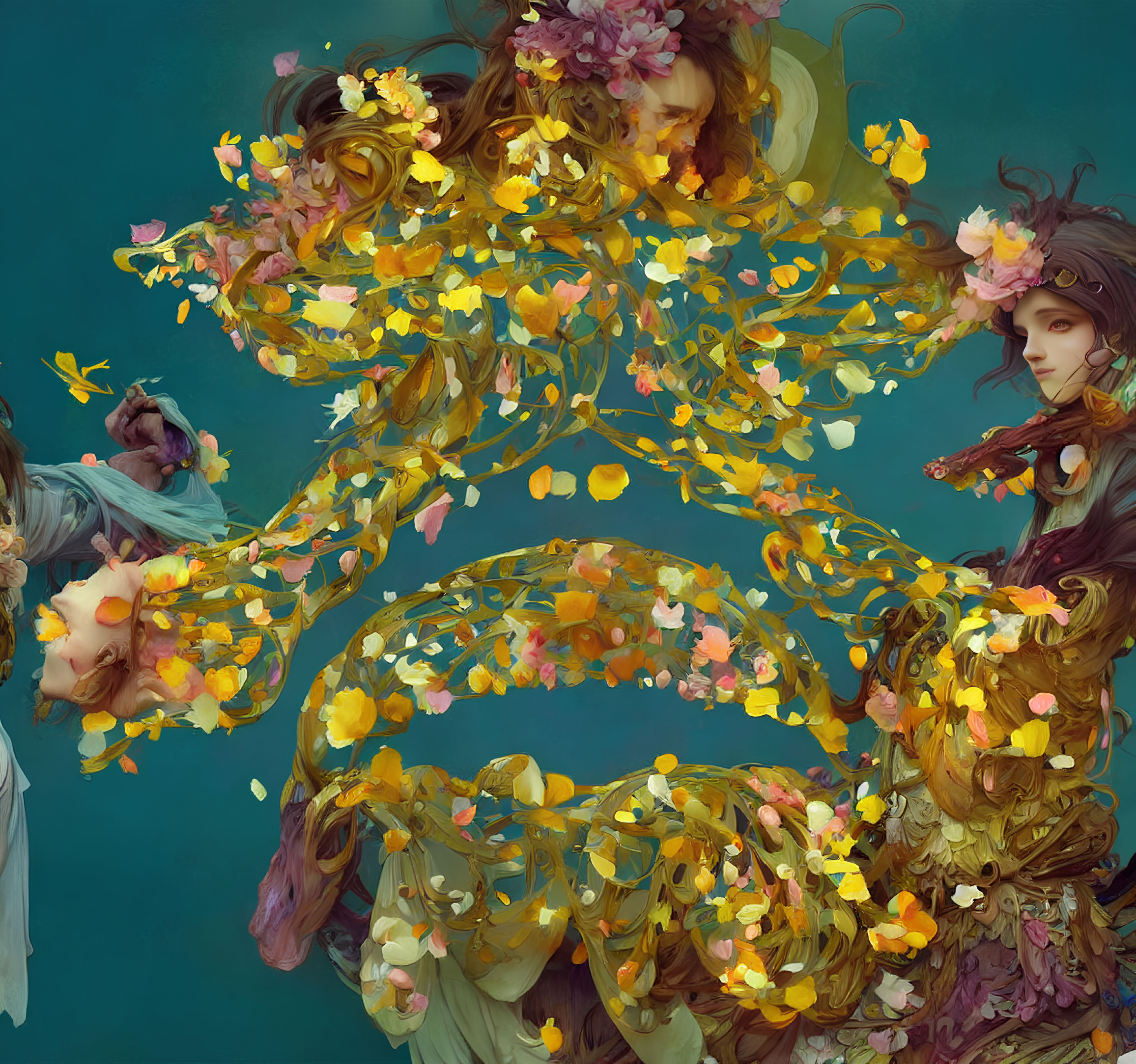 Two women in swirling floral designs on teal background, autumnal leaves and vibrant flowers blend in ethereal