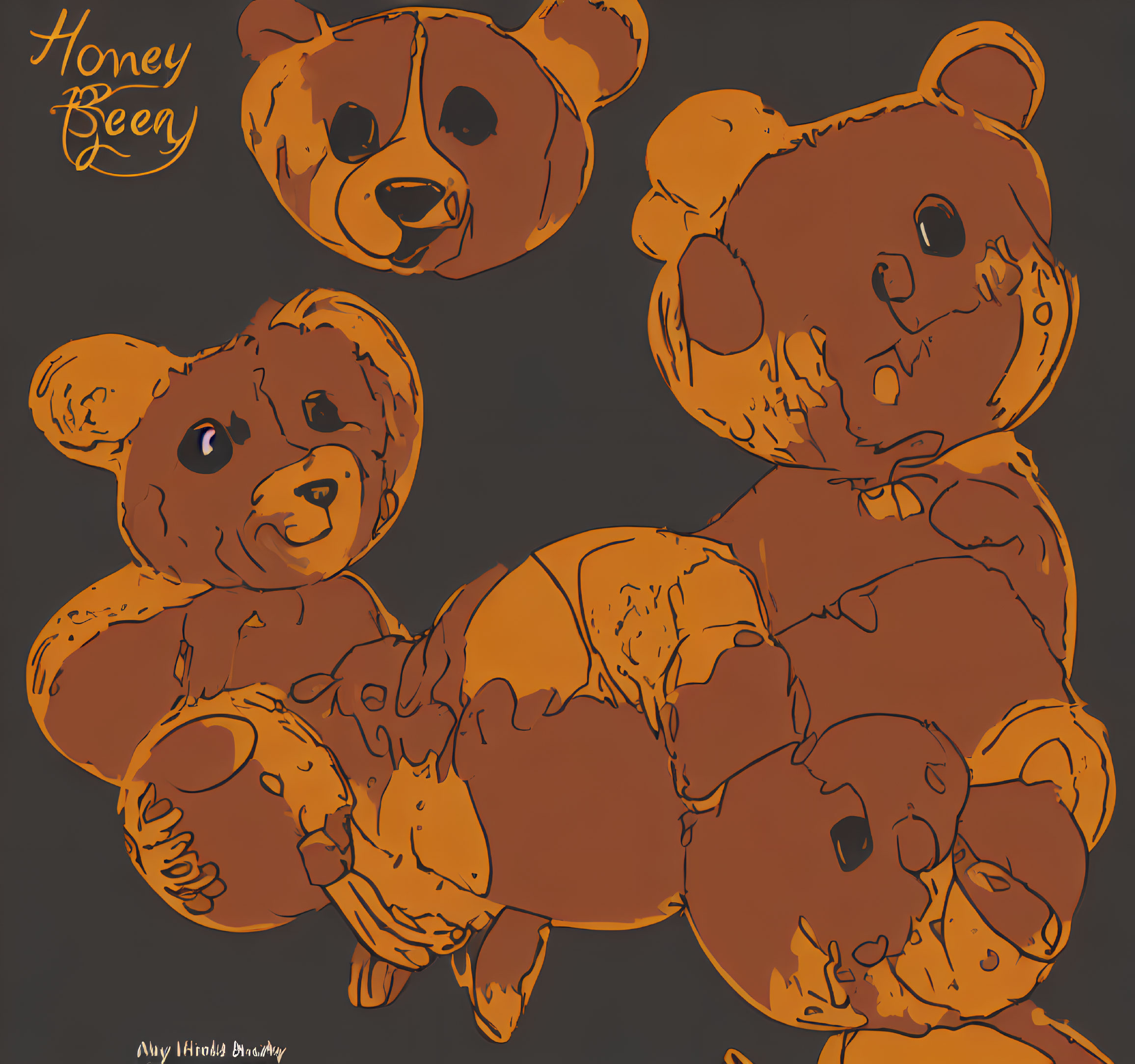 Stylized honey golden teddy bears illustration with artist's signature