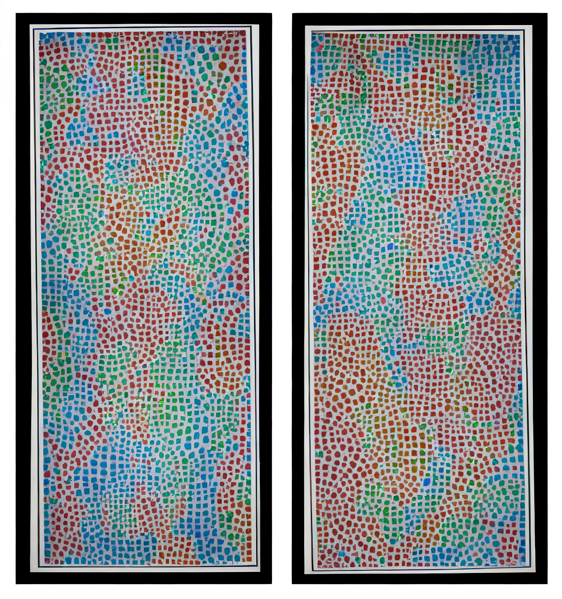 Abstract Dot Pattern Prints in Blue, Green, and Red on White Background