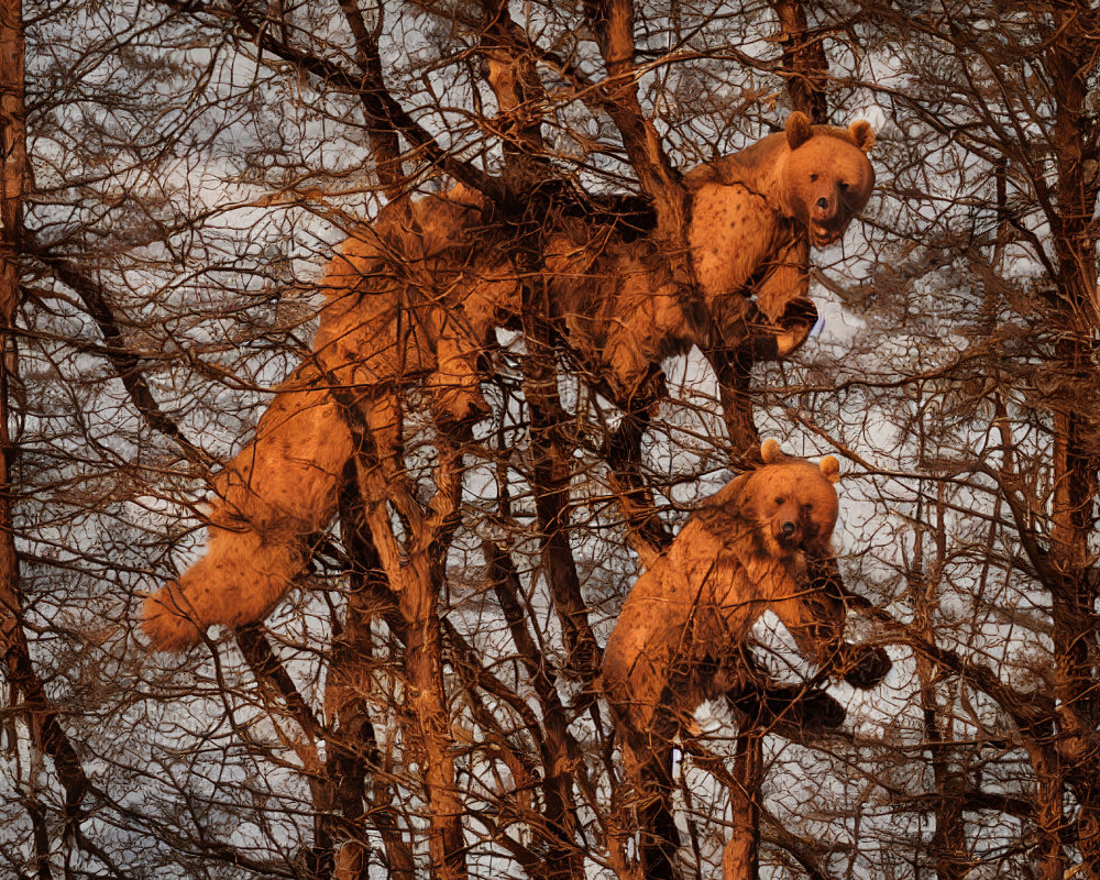 Brown bears climbing leafless tree branches at sunset