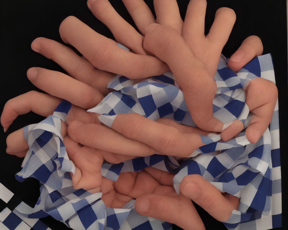 Interwoven human hands with checkered cloth on dark background