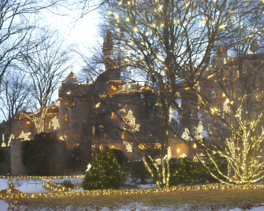 Historic building with holiday lights and snow-covered trees at dusk