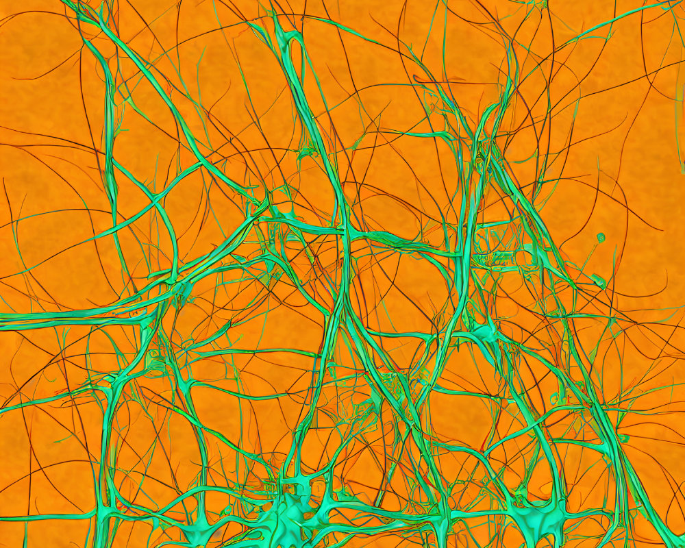 Orange Abstract Background with Turquoise Lines and Nodes