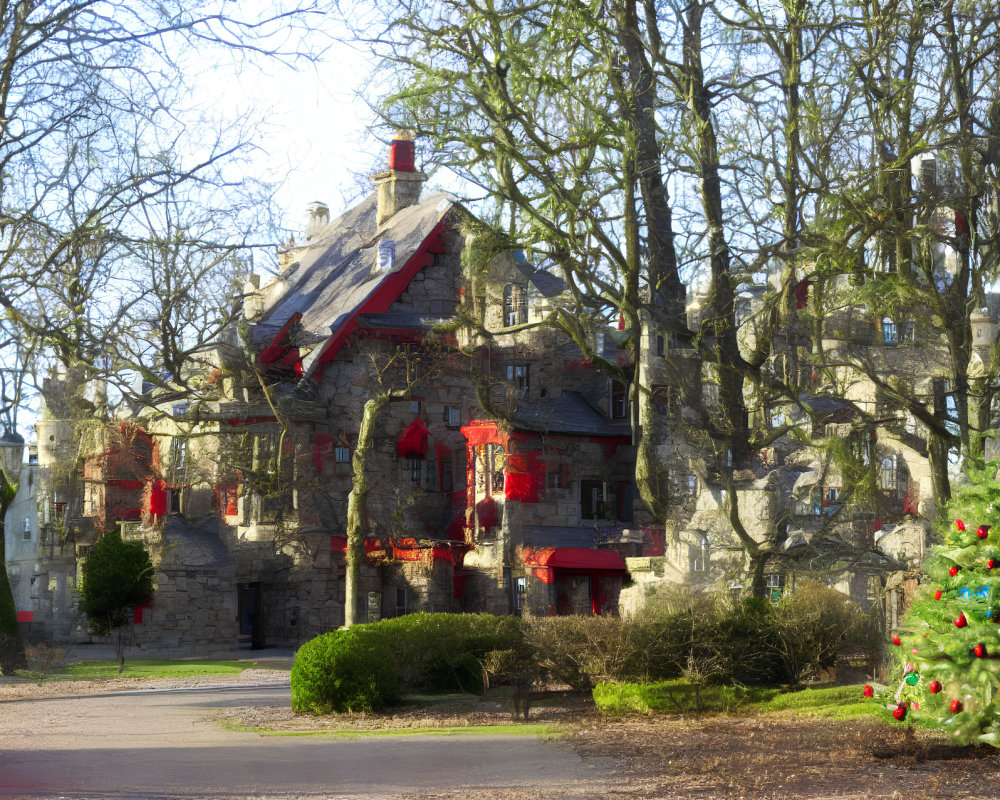Stone building with red-trimmed windows and Christmas tree in foreground