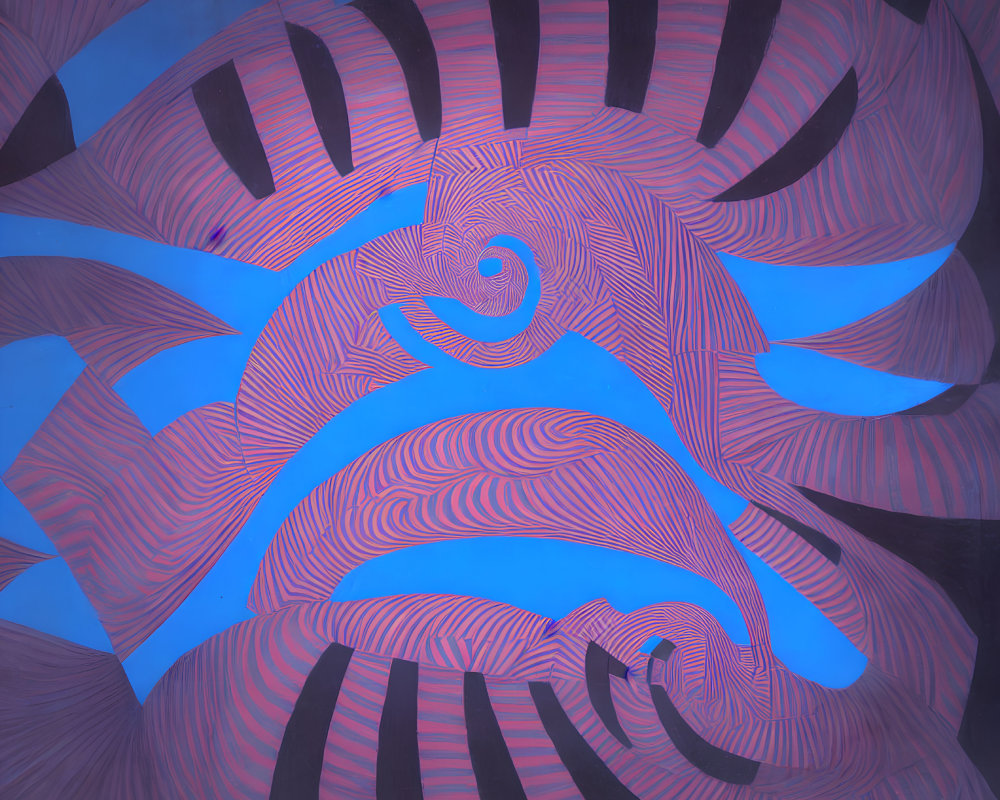 Abstract mural with spiral center and wave-like patterns in pink and blue