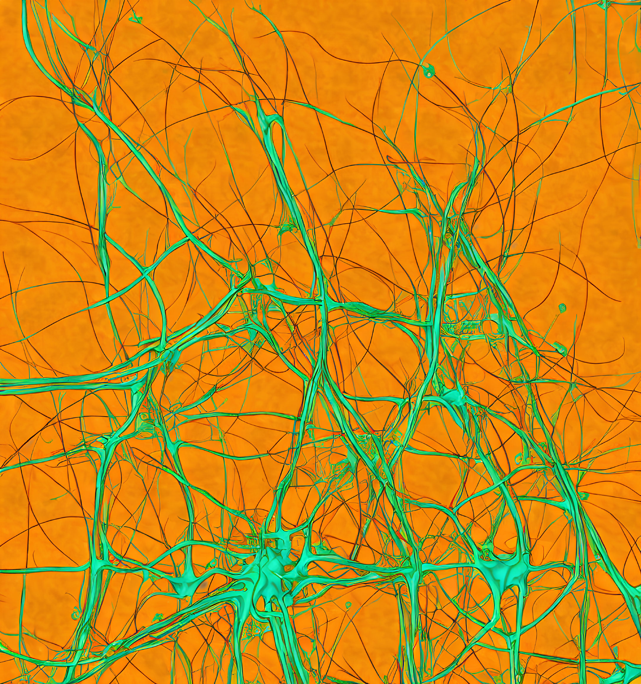 Orange Abstract Background with Turquoise Lines and Nodes
