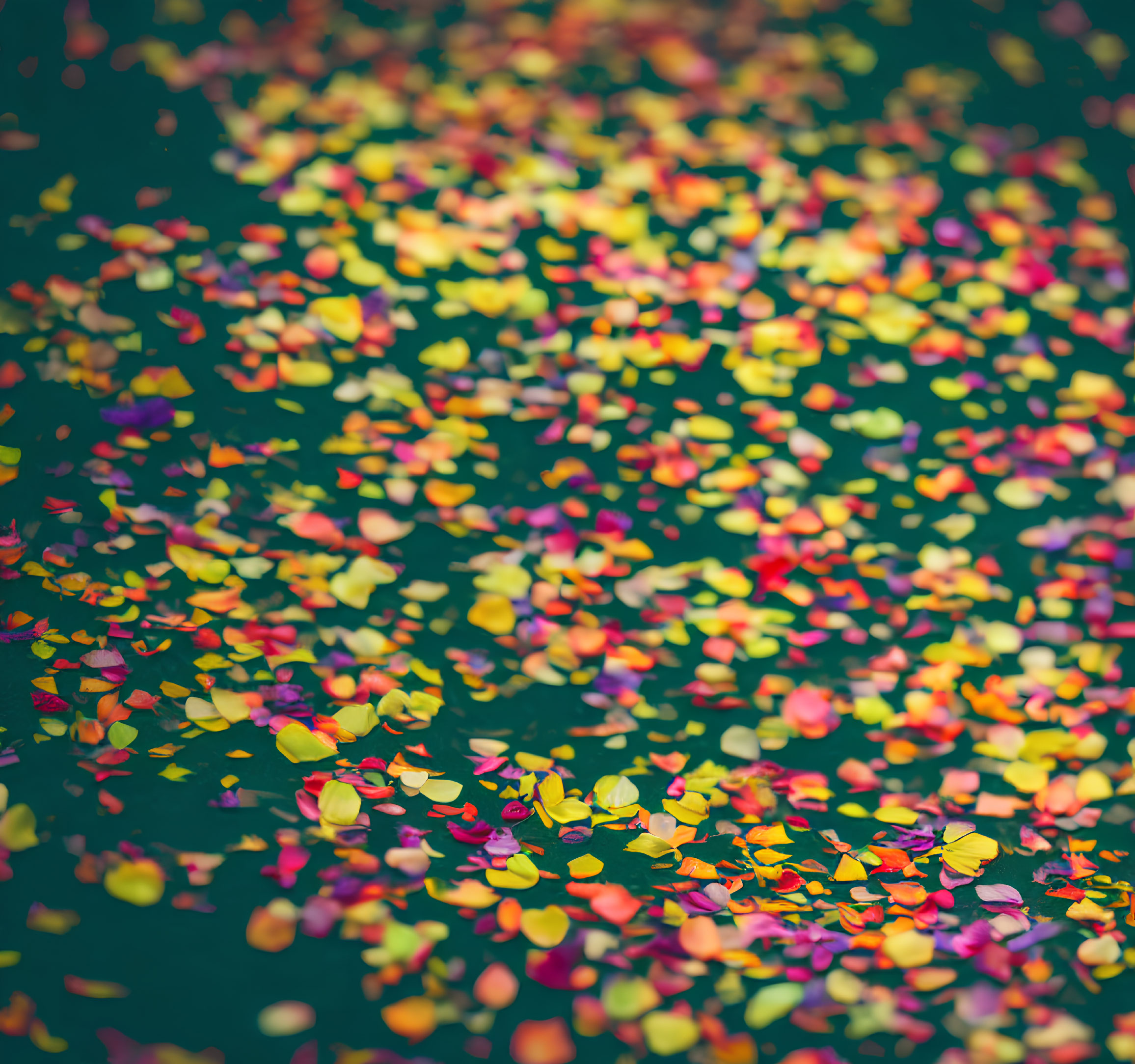 Colorful confetti on dark water surface creates festive pattern