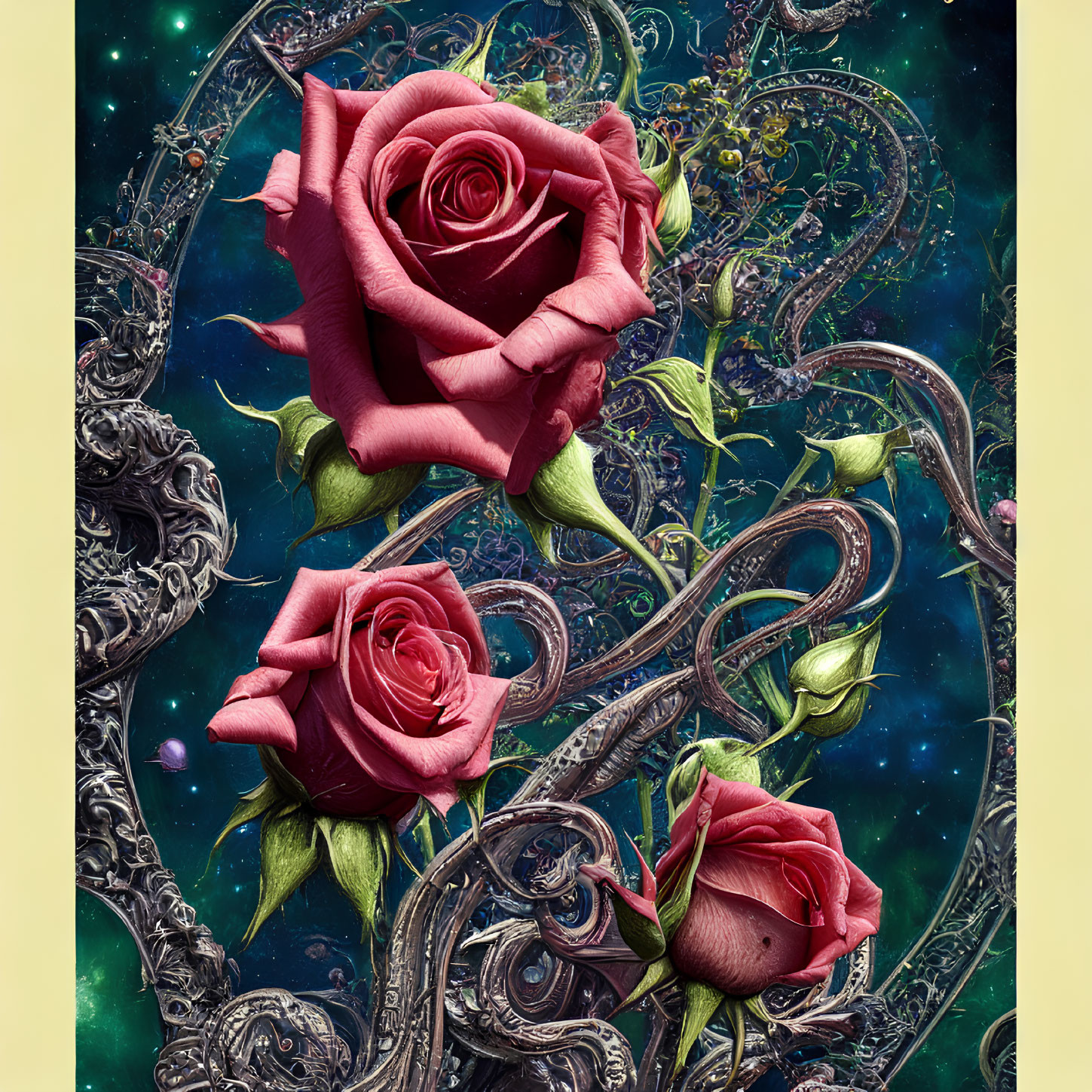 Digital artwork: Three red roses with metallic scrollwork on cosmic background