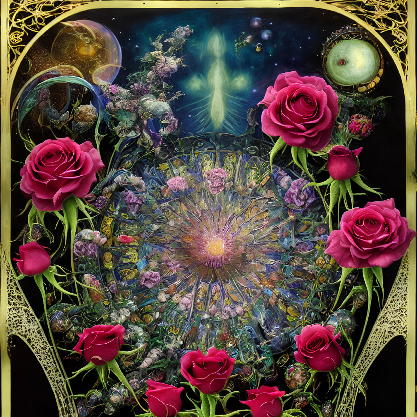 Vibrant artwork: Pink roses, cosmic patterns, celestial elements, luminous explosion.