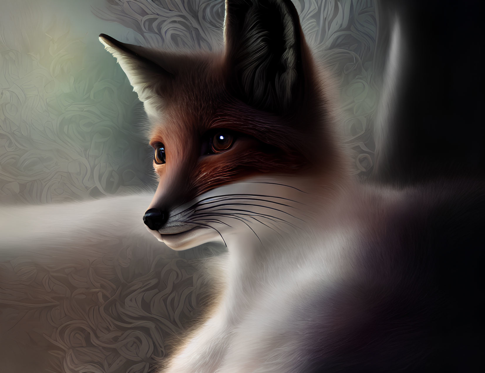 Red Fox Digital Art Portrait with White Details and Abstract Background
