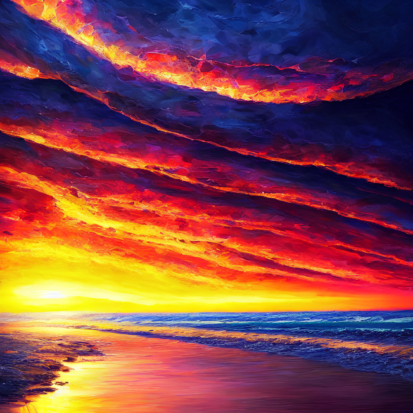 Vivid digital painting: Sunset with red and orange clouds reflected on ocean