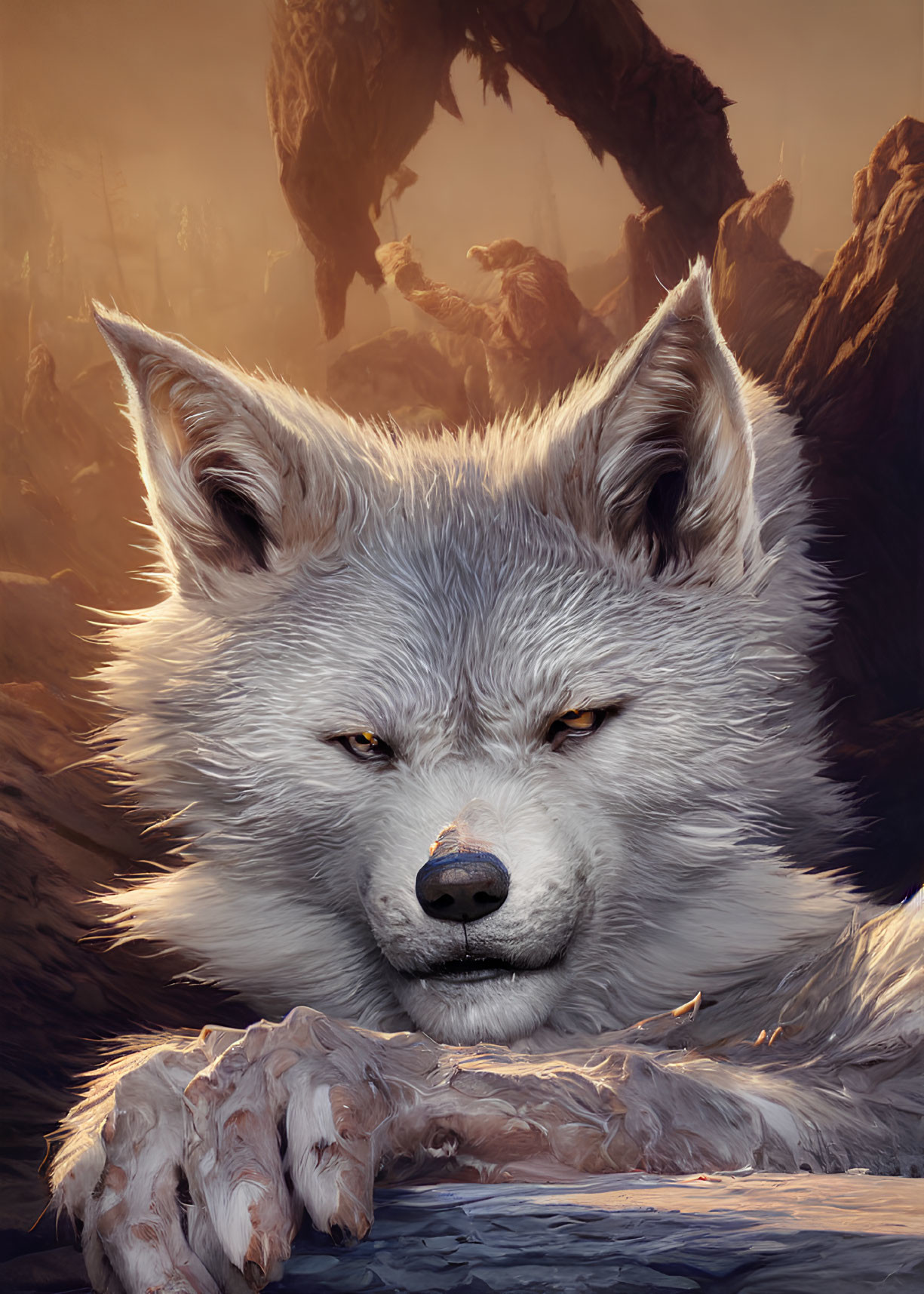 White wolf with yellow eyes in rocky landscape with shadowy figure