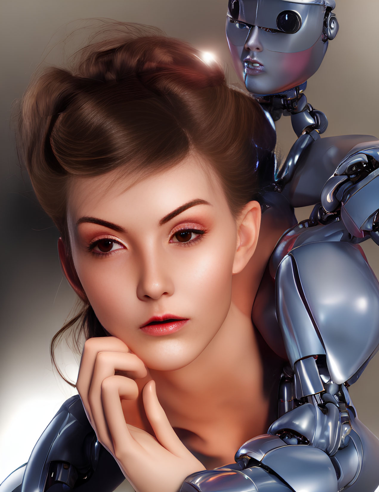 Woman with elegant hairstyle observed by humanoid robot with metallic surface