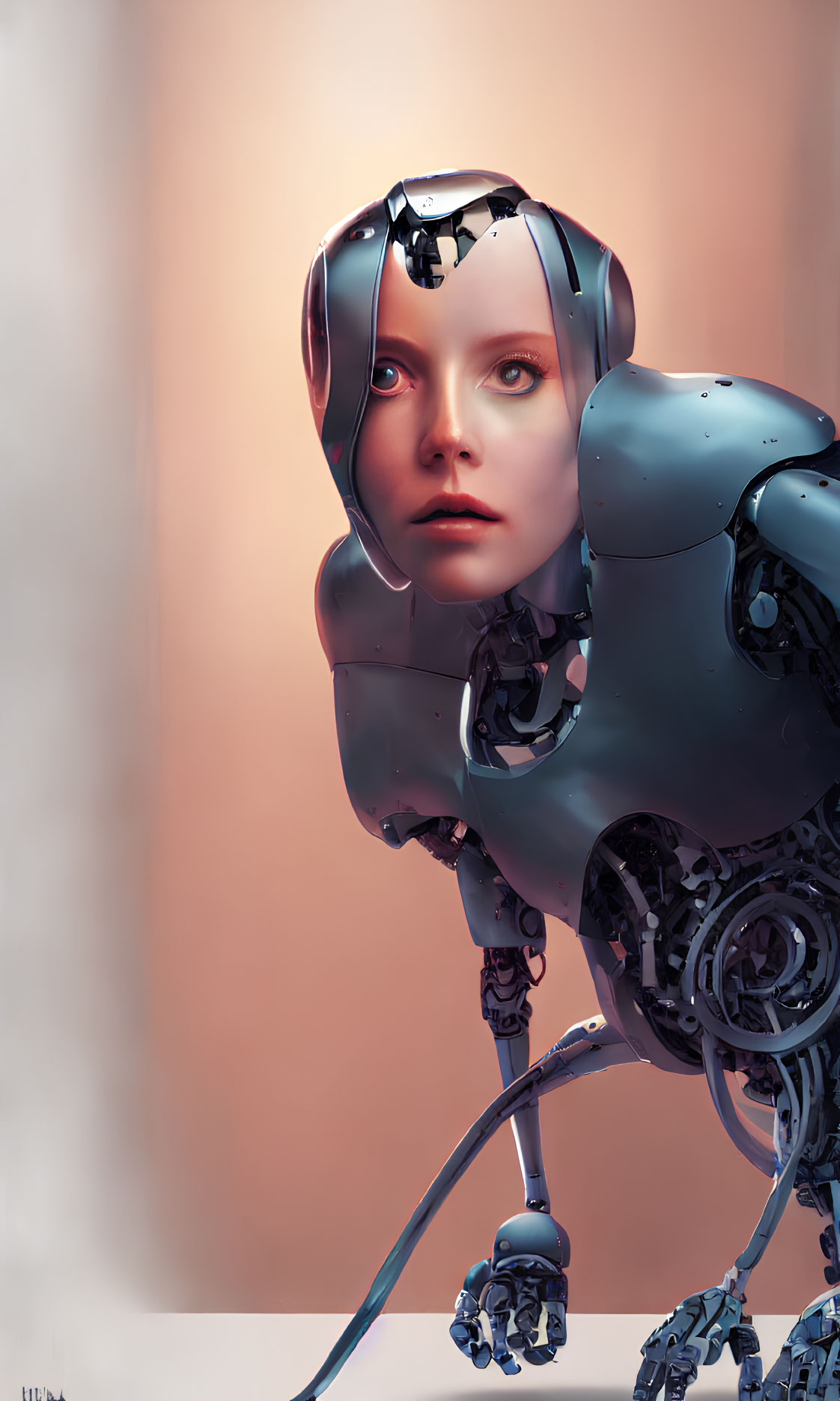 Detailed Humanoid Female Robot with Lifelike Mechanical Parts and Soft Background