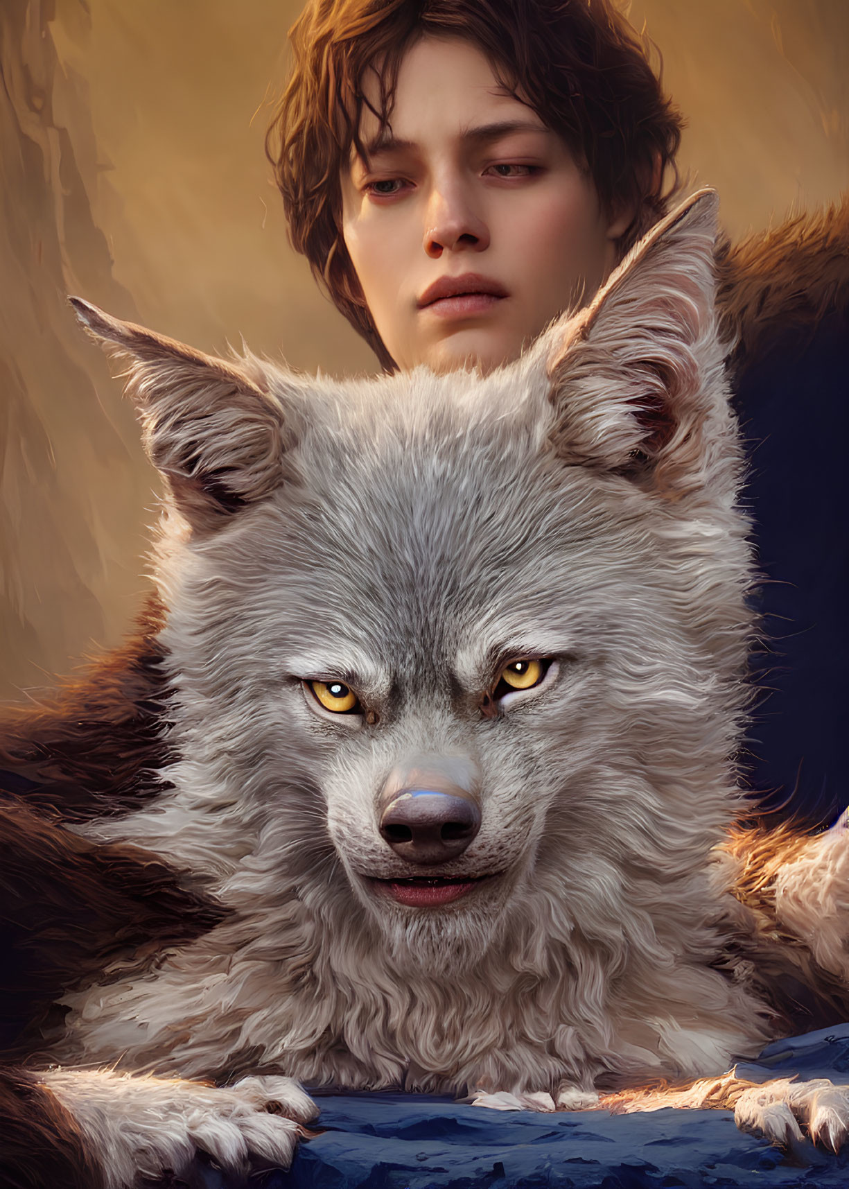 Person and large wolf in close contact against warm backdrop