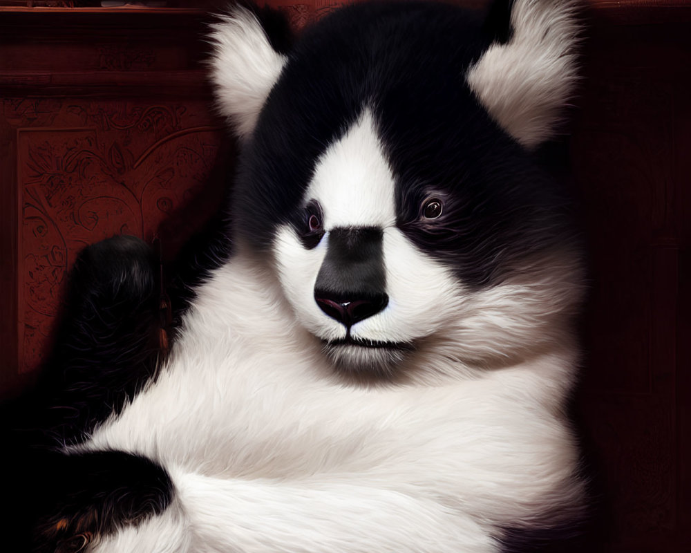 Regal panda with human-like features in classic interior setting.
