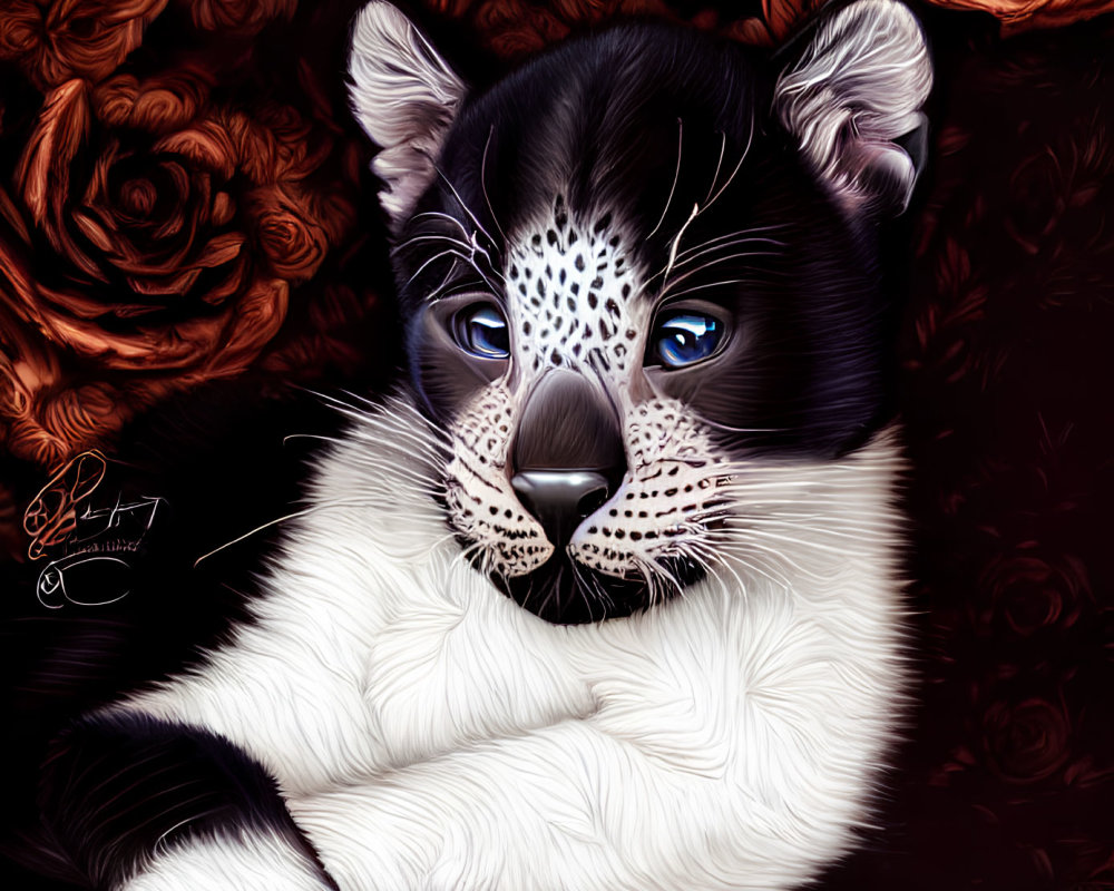 Stylized digital artwork of a baby panther with blue eyes on dark floral background