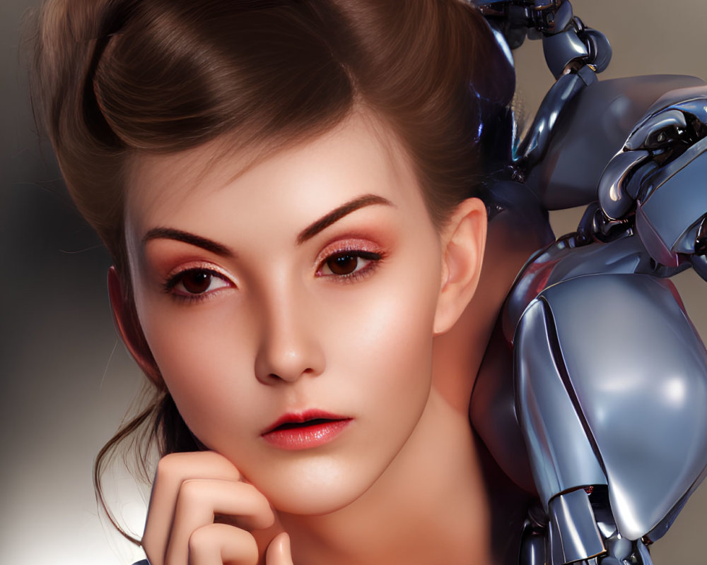 Woman with elegant hairstyle observed by humanoid robot with metallic surface