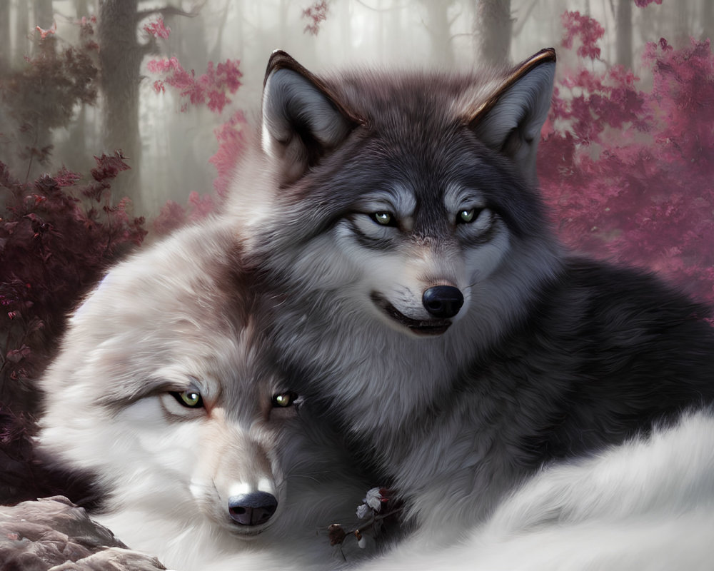 Realistic anthropomorphic wolves in pink flowering trees