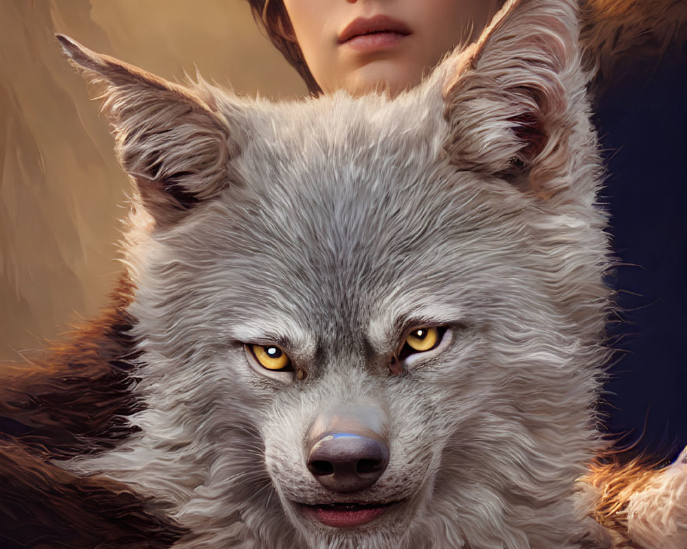 Person and large wolf in close contact against warm backdrop