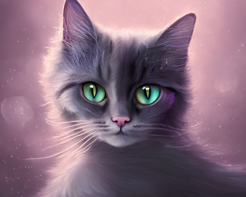 Fluffy grey cat with green eyes in pink and purple cosmic setting