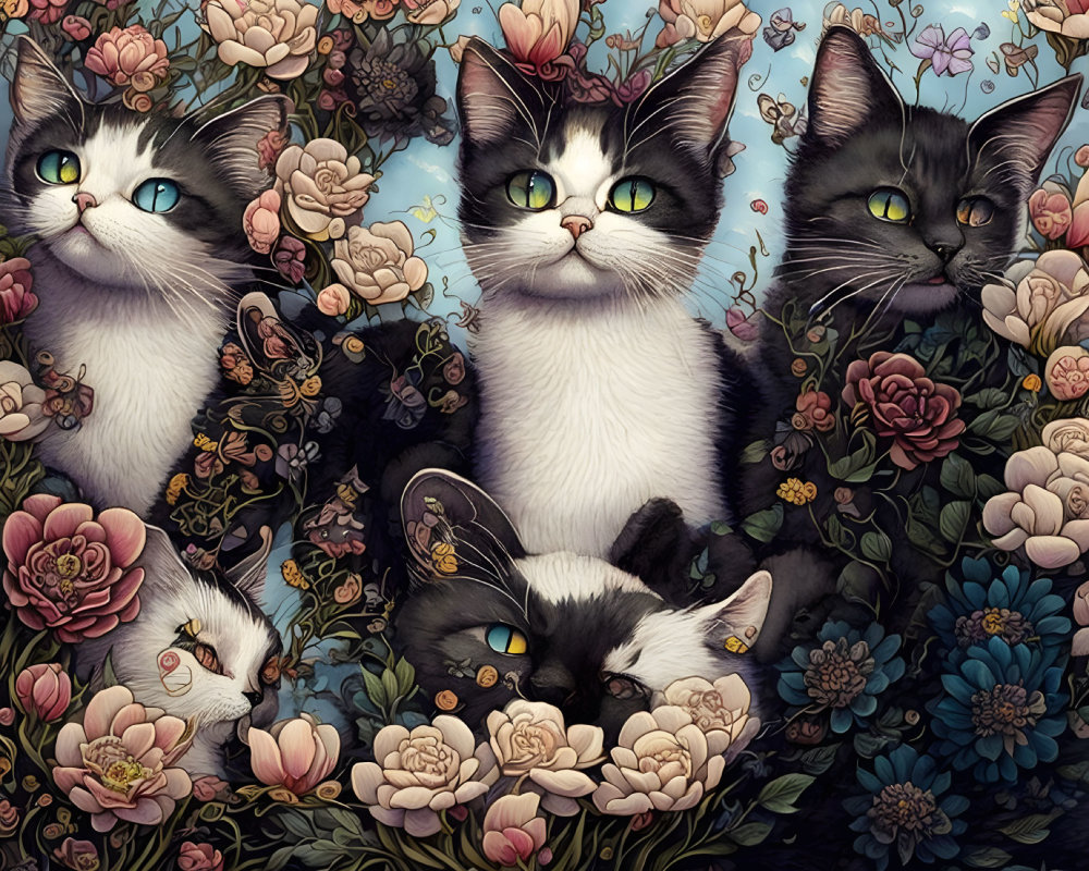 Detailed Illustration of Five Cats Among Colorful Roses