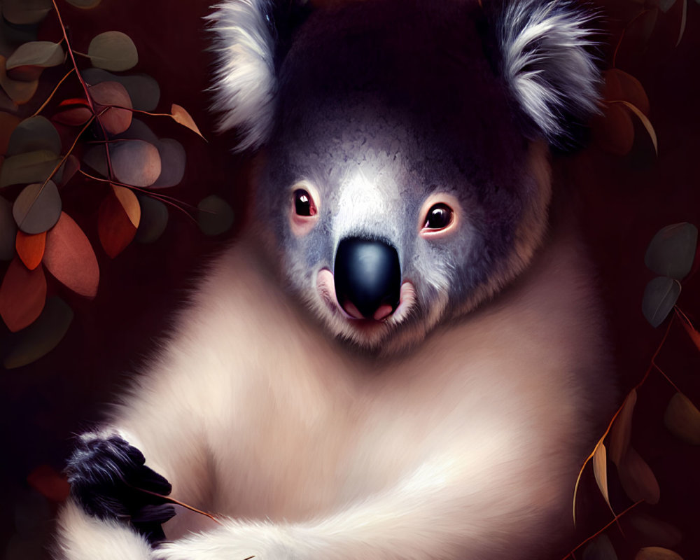 Cozy Koala Digital Illustration Surrounded by Autumn Leaves