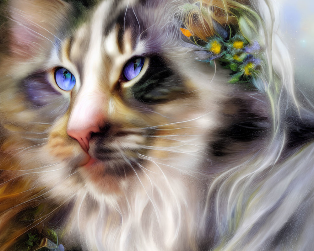 Digital painting of a cat with blue eyes and floral fur