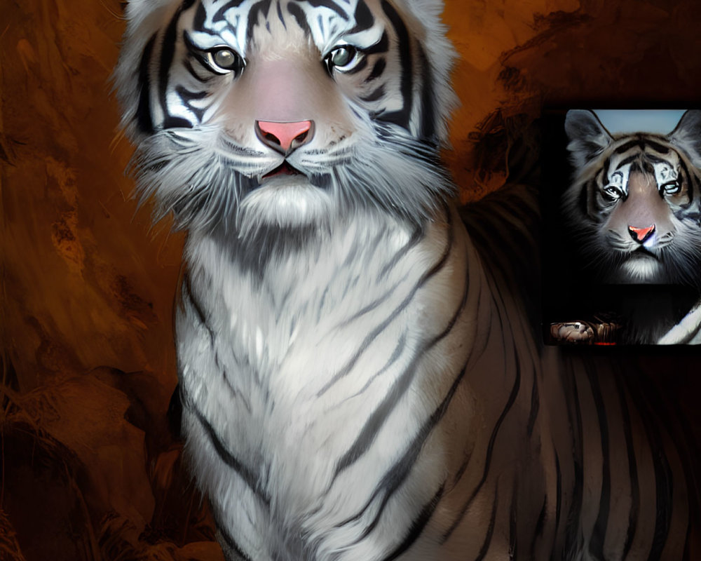 White Tiger Digital Artwork with Blue Eyes and Black Stripes on Amber Background