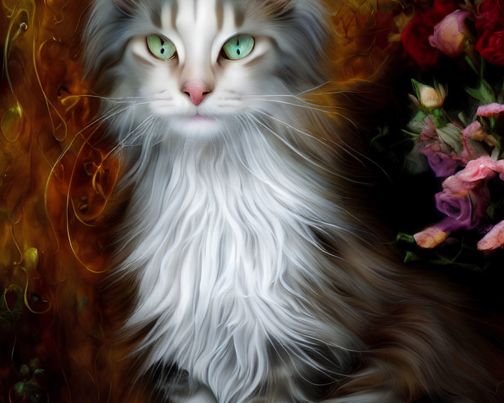 Long-Haired Cat with Green Eyes in Colorful Floral Setting